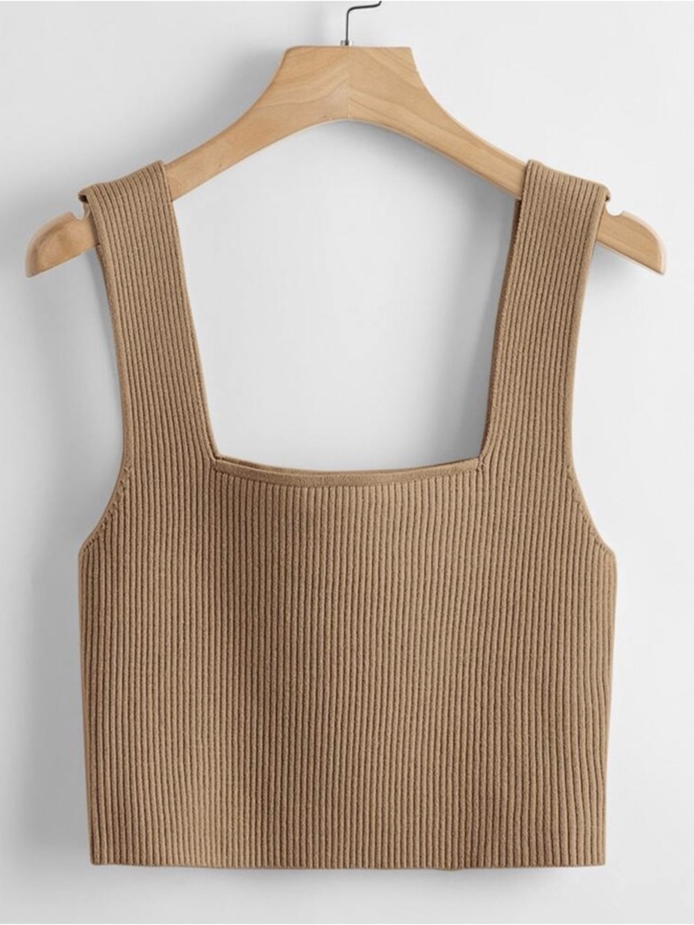 SHEIN Ribbed Square Neck Cropped Tank Top in Camel